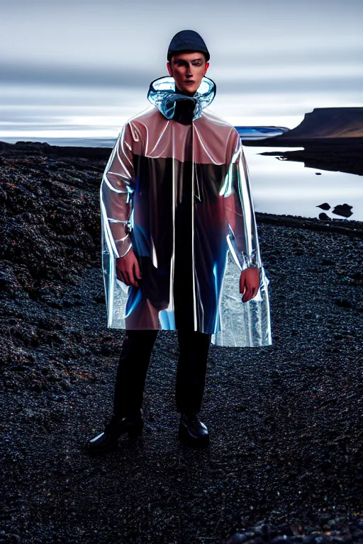 Image similar to an ultra high definition professional high fashion portrait studio full length photograph of a male model wearing a transparent pearlescent raincoat and neon visor in an icelandic black rock environment at dawn. no artefacts. extremely detailed. stark. refraction. shallow depth of field. volumetric light and shadow. ray tracing. light rays.