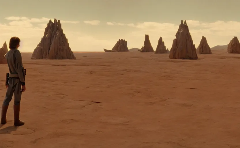 Image similar to screenshot wide shot of Luke Skywalker Jedi Temple, good day, morning, landscape, no people, no man, steampunk, desert, lost world, Anime Background, concept art, illustration,smooth, sharp focus, 1970s thriller by Stanely Kubrick film, color kodak, ektochrome, wide angle anamorphic lenses, detailed faces, moody cinematography