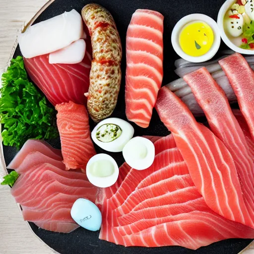 Image similar to digging board full of sashimi, sausages and hardboiled eggs