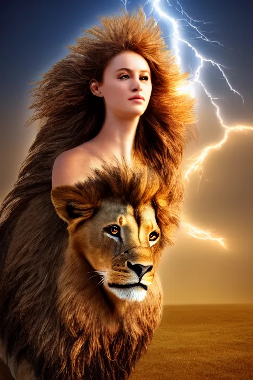 Image similar to girl riding a lion, extremely detailed, high quality, 4 k, cinematic, dramatic lightning, photo realistic, beautiful face, highly detailed face