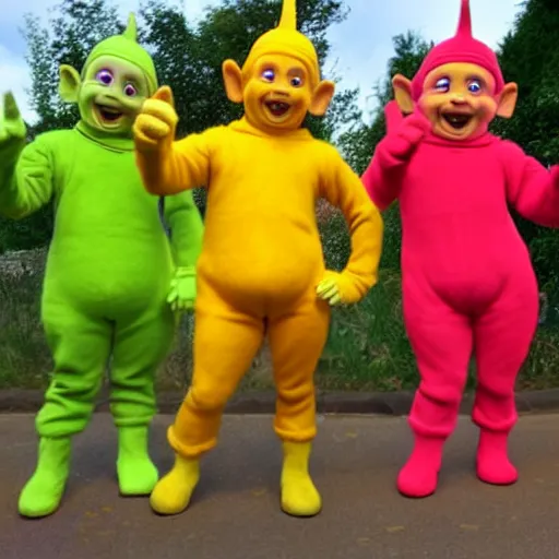 Image similar to Dwarfs dressed as Teletubbies acidwave