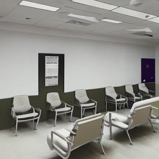 Prompt: a corporate waiting room, liminal, surreal, mostly white color scheme