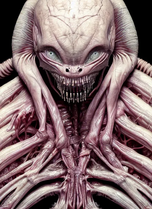 Image similar to alien head with translucent skin, visible muscles and veins and arteries and bones and spines and nerves, beautiful detailed intricate insanely detailed octane render, 8k artistic photography, photorealistic, chiaroscuro, by David Cronenberg, Raphael, Caravaggio