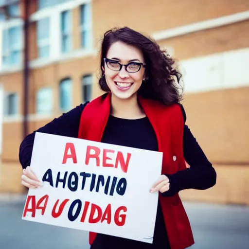 Prompt: attractive woman holding a sign, smiling