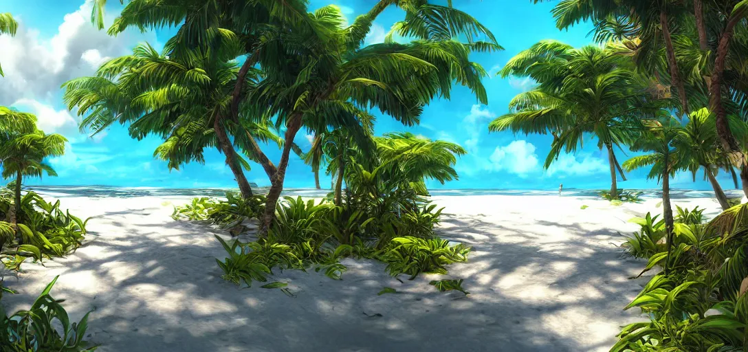 Image similar to beautiful tropical island beach, lush vegetation, white sand beach, tropic plants and flowers, clear water, dramatic lighting, cinematic, establishing shot, extremely high detail, foto realistic, cinematic lighting, post processed, concept art, artstation, thick oil painting, style by greg carter