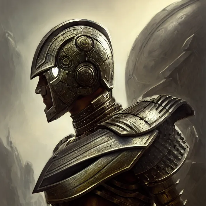 Image similar to portrait of a man wearing cyborg armor, Spartan hoplite design, subject in the center of the frame, wide angle shot, diffuse lighting, fantasy, intricate, elegant, highly detailed, lifelike, photorealistic, digital painting, artstation, illustration, concept art, smooth, sharp focus, art by John Collier and Albert Aublet and Krenz Cushart and Artem Demura and Alphonse Mucha