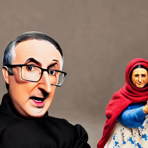 Prompt: portrait of a babushka with pet miniature john oliver action figure