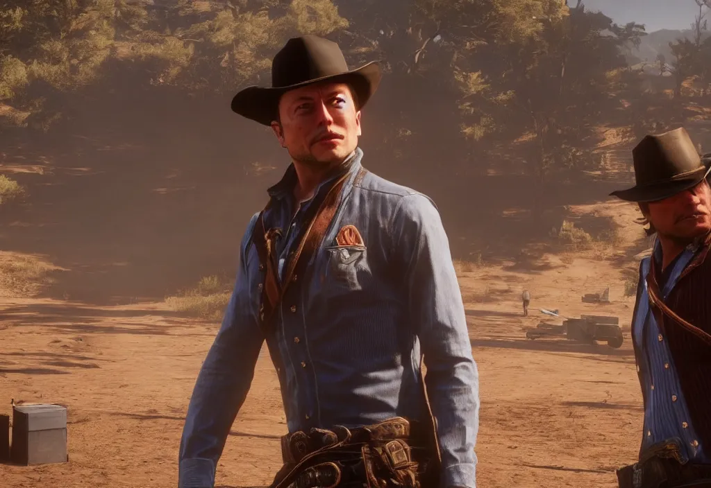 Image similar to elon musk in the red dead redemption 2, elon musk in the video game red dead redemption 2, gameplay screenshot, close up, 3 d rendering. unreal engine. amazing likeness. very detailed.