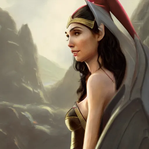 Image similar to An enchanting portrait of Gal Gadot as an elf in evening gown, evening, detailed matte painting, cinematic, Alan Lee, Artstation