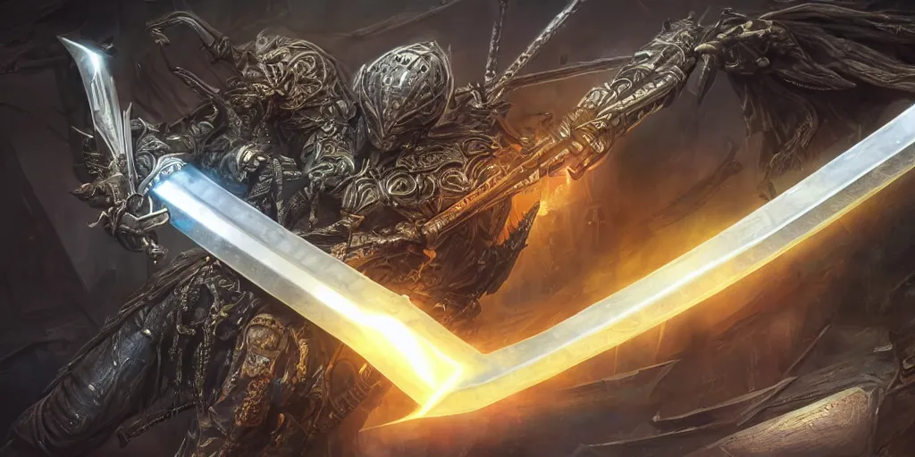 Image similar to legendary cybernetic full long sharp sword lying flat on a glowing table with a black and iridescent sword blade, digital award winning hd matte painting, intimate dark moody, intricate, ornate spikes, colorful gems on hilt, detailed realistic raytraced blade, future golden technological pommel, in the style of greg rutkowski and krenz cushart, deviantart