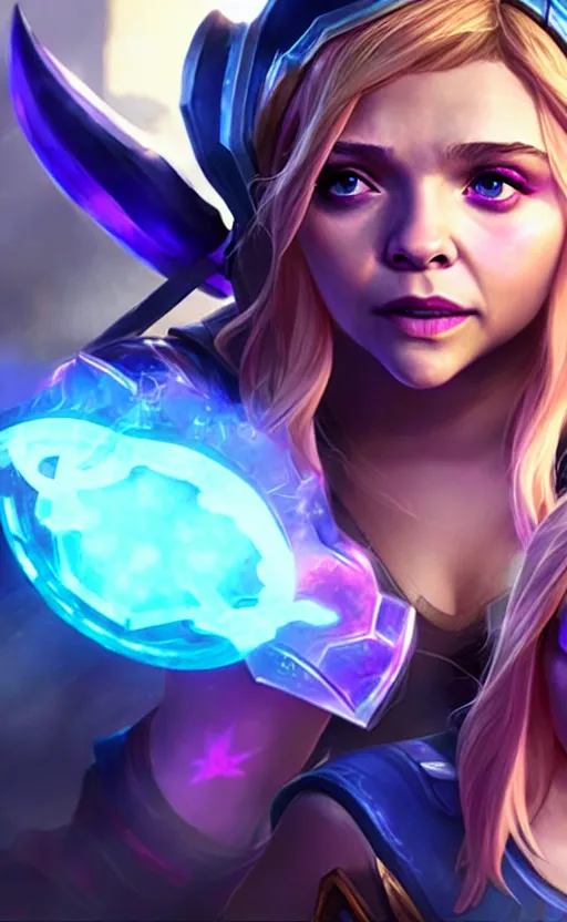 Image similar to Chloë Grace Moretz as a character in the game League of Legends, with a background based on the game League of Legends, detailed face, old 3d graphics