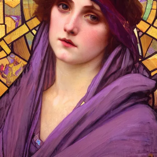 Image similar to purple, character portrait of purple energy, by waterhouse, by mucha, lean face, symmetrical face, face symmetry, cinematic lighting, beautiful, elegant, oil painting, cinematic, portrait, raphaelite, trending on artstation, intricate background