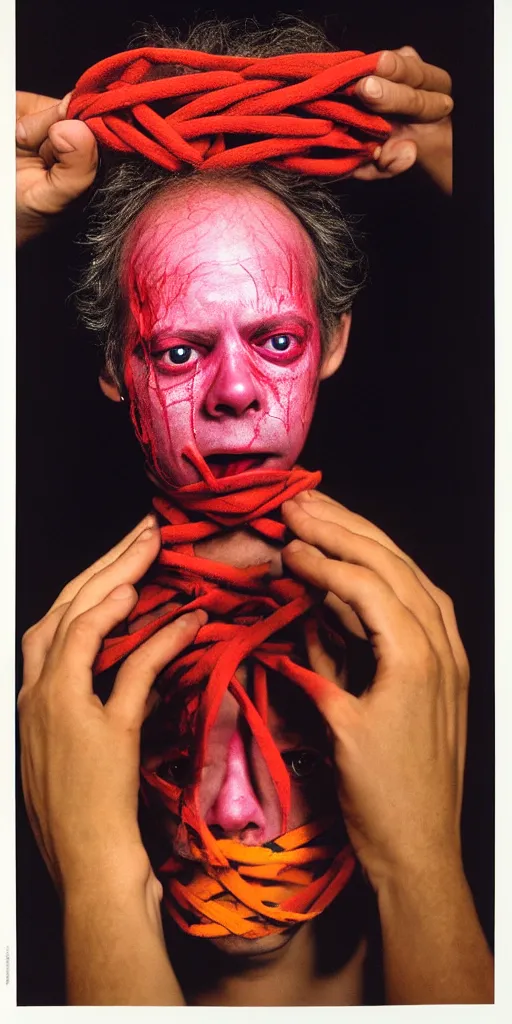 Prompt: award winning photo of todd solondz tied up crying, vivid colors, happy, symmetrical face, beautiful eyes, studio lighting, wide shot art by sally mann & arnold newman