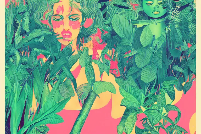 Prompt: gigantic girl faces, tiny robots, a lot of exotic vegetation around, risograph!, colorful flat surreal design, super - detailed, a lot of tiny details, fullshot, by luigi serafini