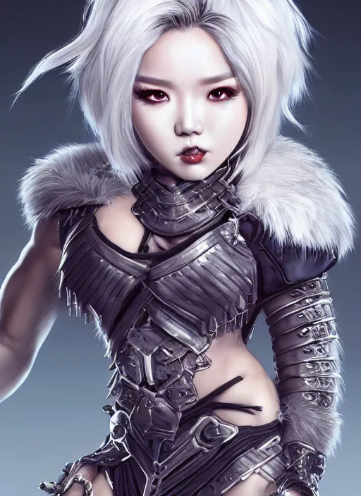 Prompt: ! dream barbarian, jackson wang, fierce, big muscles, fur leather armor!!! beautiful and elegant white hair female!! gorgeous ayes!! character concept art, sharp focus, octane render! unreal engine 5! highly rendered!! trending on artstation!! detailed linework!! illustration by artgerm, wlop, and chie yoshii