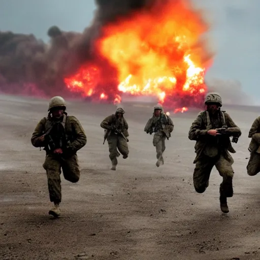 Image similar to american soldiers running at the camera during normandy beach landing with fiery explosions and debris all around them in the style of the movie lone survivor and saving private ryan, gritty, 4 k, cinematic lighting,