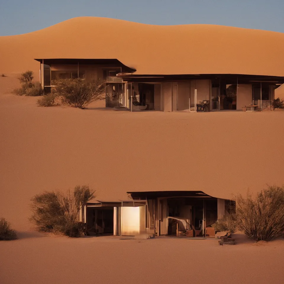 Prompt: A mid-century house designed by Norman Foster in the middle of the sahara desert. Film Grain, cinematic. Brown sand. Full color. Magic Hour.