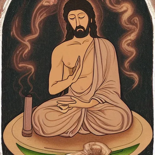 Prompt: “A portrait of Jesus learning meditation from Buddha while smoking a joint”