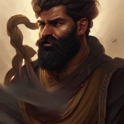 Image similar to bearded sultan, portrait, headshot, D&D, fantasy, highly detailed, digital painting, artstation, concept art, sharp focus, illustration, art by artgerm and greg rutkowski and alphonse mucha