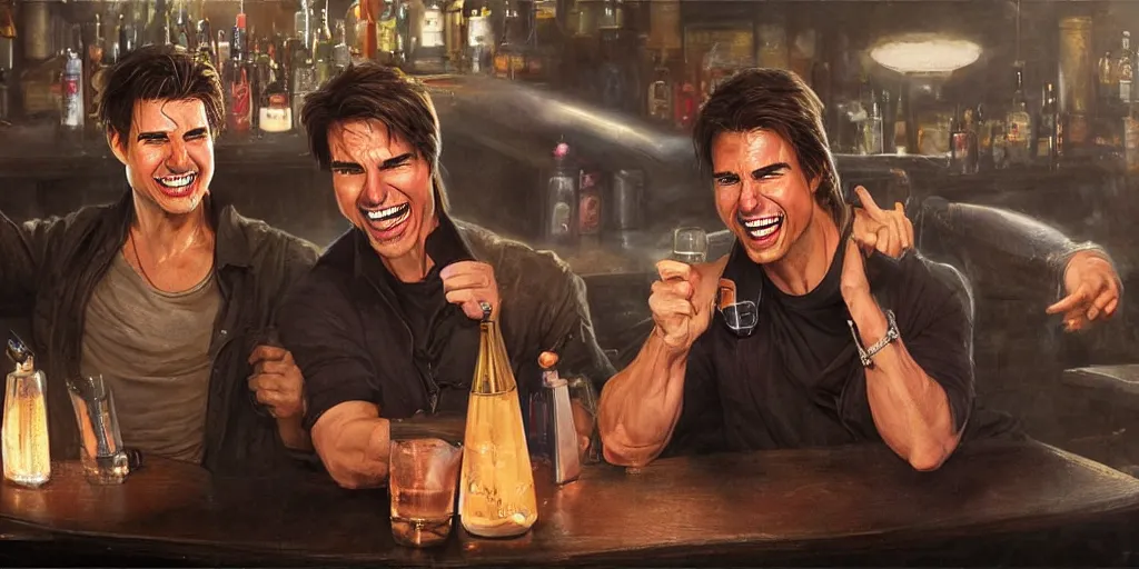Prompt: hyper realistic tom cruise hanging out with tom cruise at a bar, all overly excited, jaw unhinged with laughter and smiling, all teeth, by greg rutkowski, scott m fischer, artgerm, loish, slight glow, atmospheric, anne stokes, alexandros pyromallis
