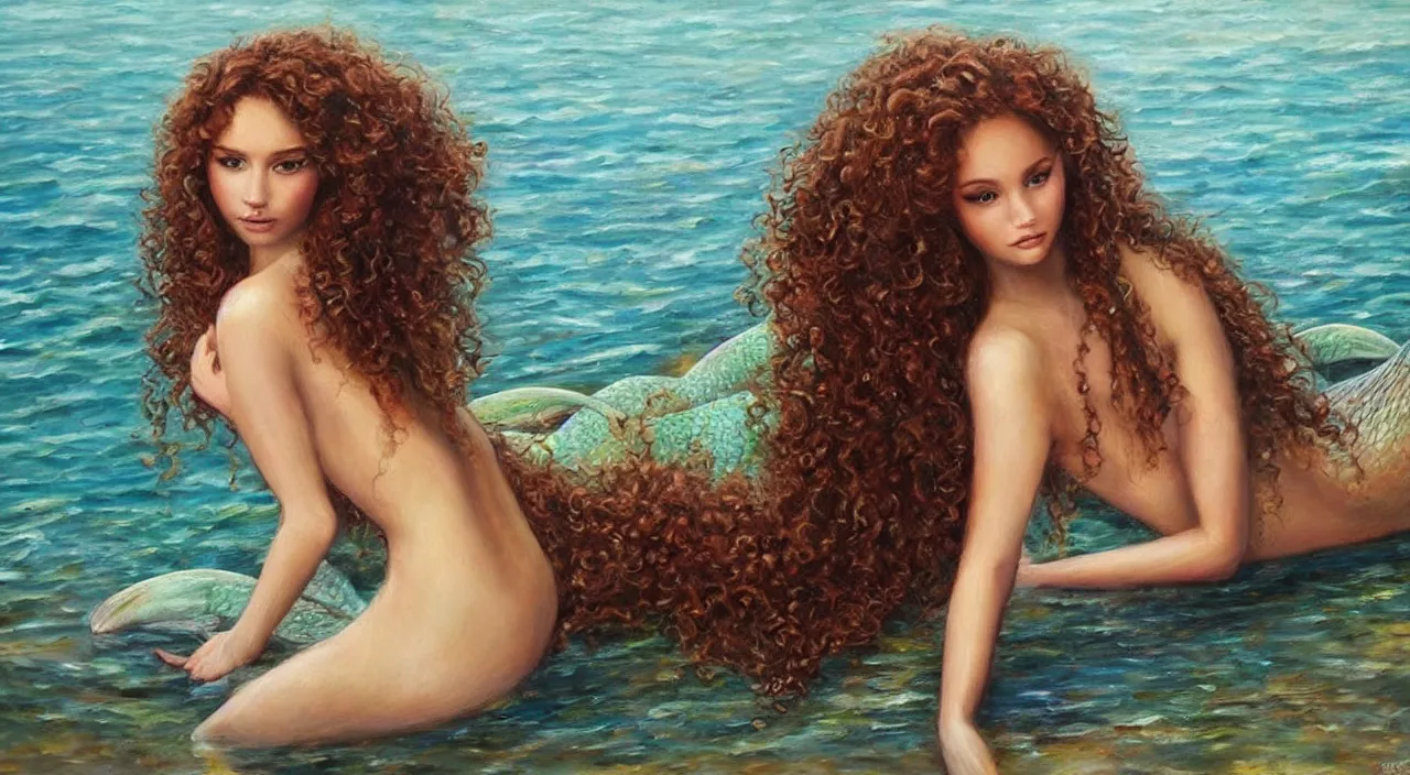 Image similar to real mermaid, oil painting, beautiful, curly hair, hd,