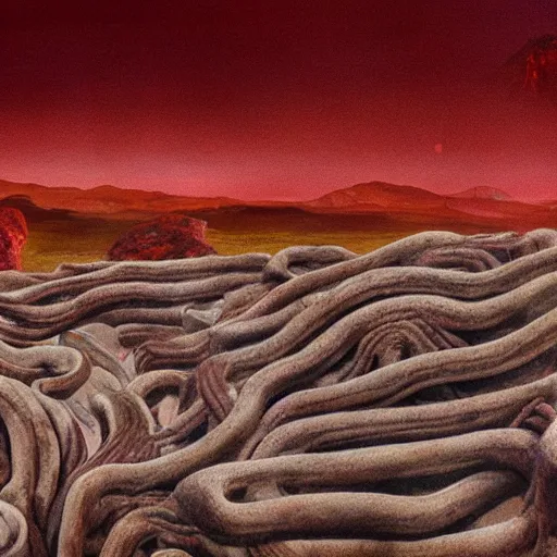 Prompt: a landscape made of giant intestines and other organs, monoliths of bone, rivers of blood, under an oppressive red sky