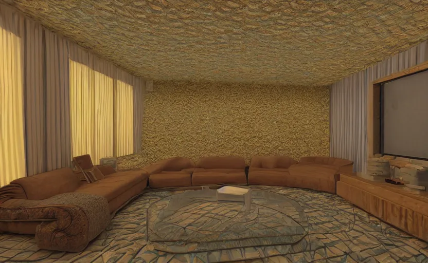 Prompt: a mandelbulb floating in the middle of a 1 9 7 0 s living room, 8 k render.