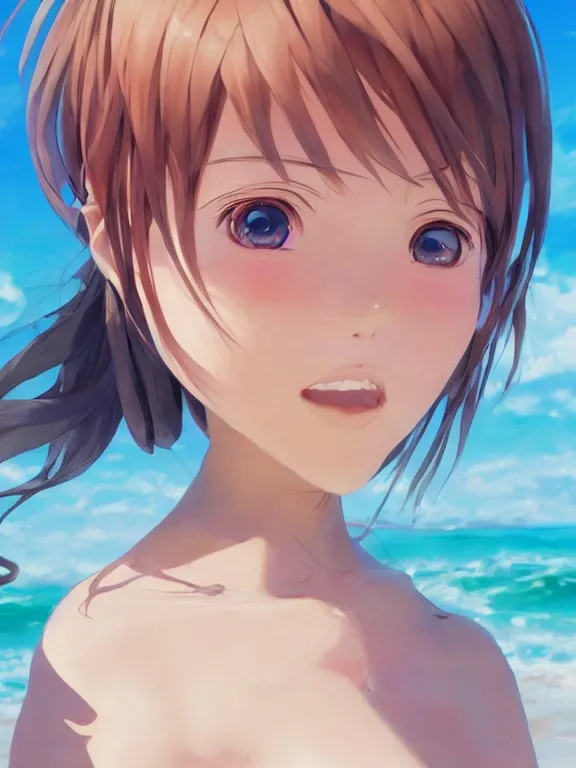 Prompt: A portrait of a smiling anime girl on the beach near the ocean, young child, medium shot, whole head, trending on artstation, by Stanley Artgerm Lau, WLOP, Rossdraws, James Jean, Andrei Riabovitchev, Marc Simonetti, and Sakimi chan, anime portrait, official anime artwork