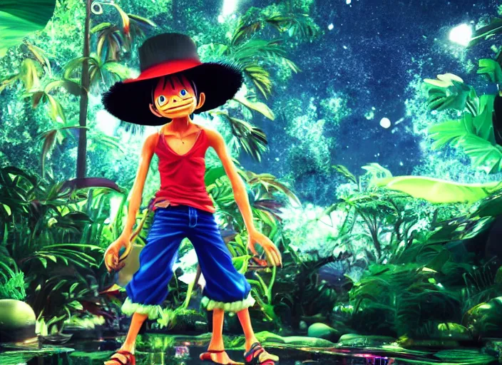 Image similar to a cg render of a colorful luffy in a noir galactic jungle, 8 k, unreal engine, detailed, hyperrealistic, octane