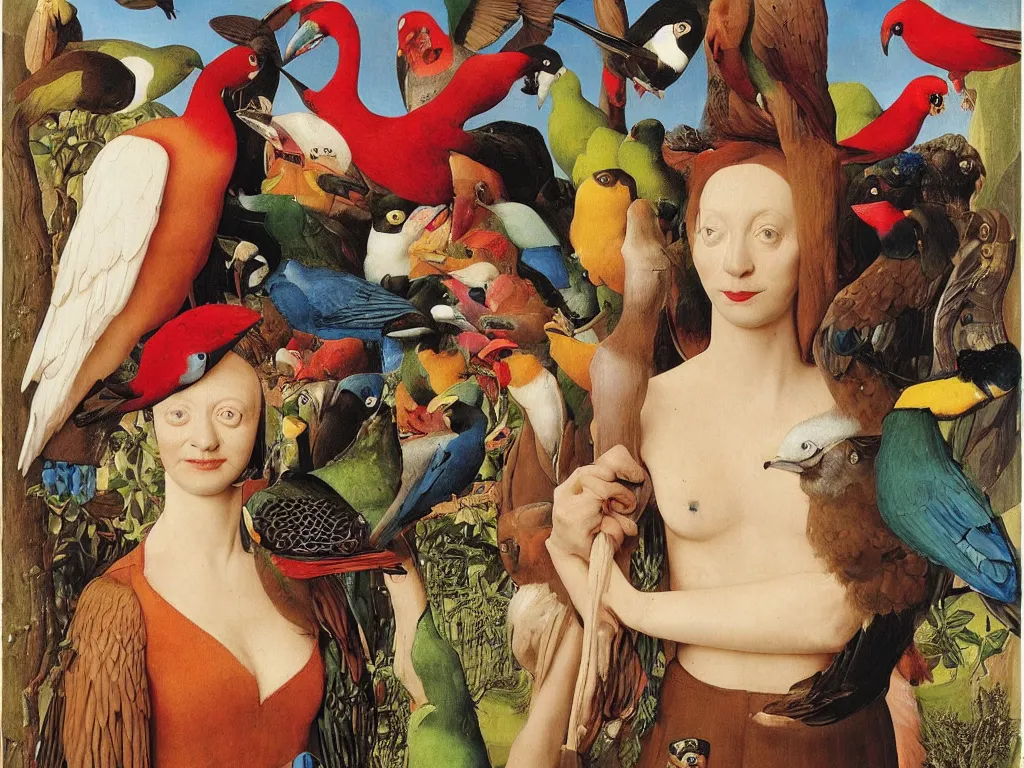 Prompt: Portrait of Meth addict with beautiful, exotic birds. Painting by Jan van Eyck, Audubon, Maria Sybilla Merian, August Sander, Rene Magritte, Agnes Pelton, Max Ernst, Walton Ford