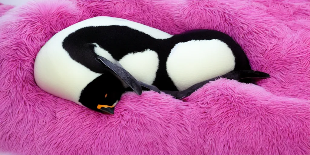 Prompt: realistic penguin sleeping in a pink fluffy bed