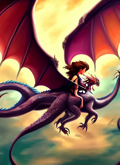 Image similar to painting of a girl flying on a dragon in a fantasy world, digital painting, hd, illustration, art by tokenin, trending