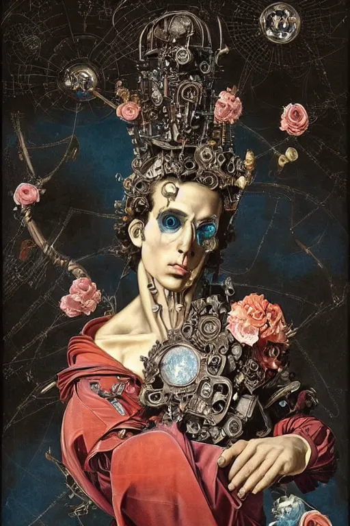 Prompt: full-body baroque and cyberpunk style sculpture of a young handsome Spanish prince half android with a chest opening exposing circuitry and blue electric sparks, glowing pink laser eyes, crown of peach roses, flowing teal-colored silk, fabric, flowers. baroque elements, human skull. full-length view. baroque element. intricate artwork by caravaggio. many many birds birds on background. Trending on artstation, octane render, cinematic lighting from the right, hyper realism, octane render, 8k, depth of field, 3D