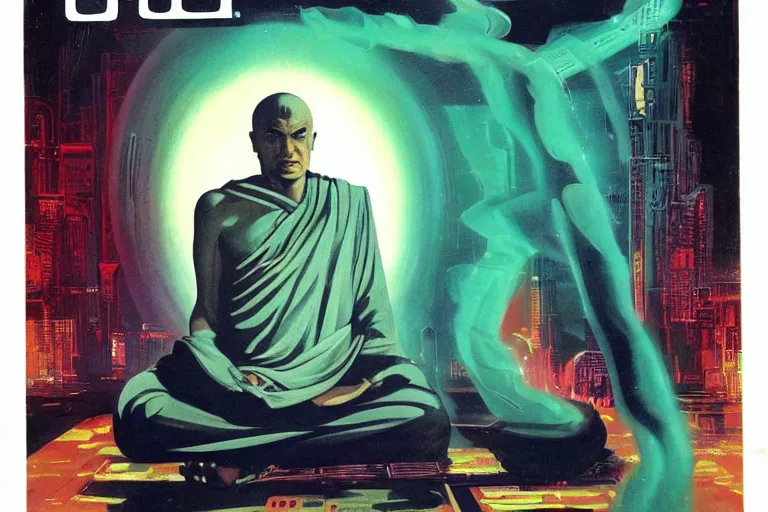 Image similar to 1979 OMNI Magazine Cover of Buddhist monk. in cyberpunk style by Vincent Di Fate