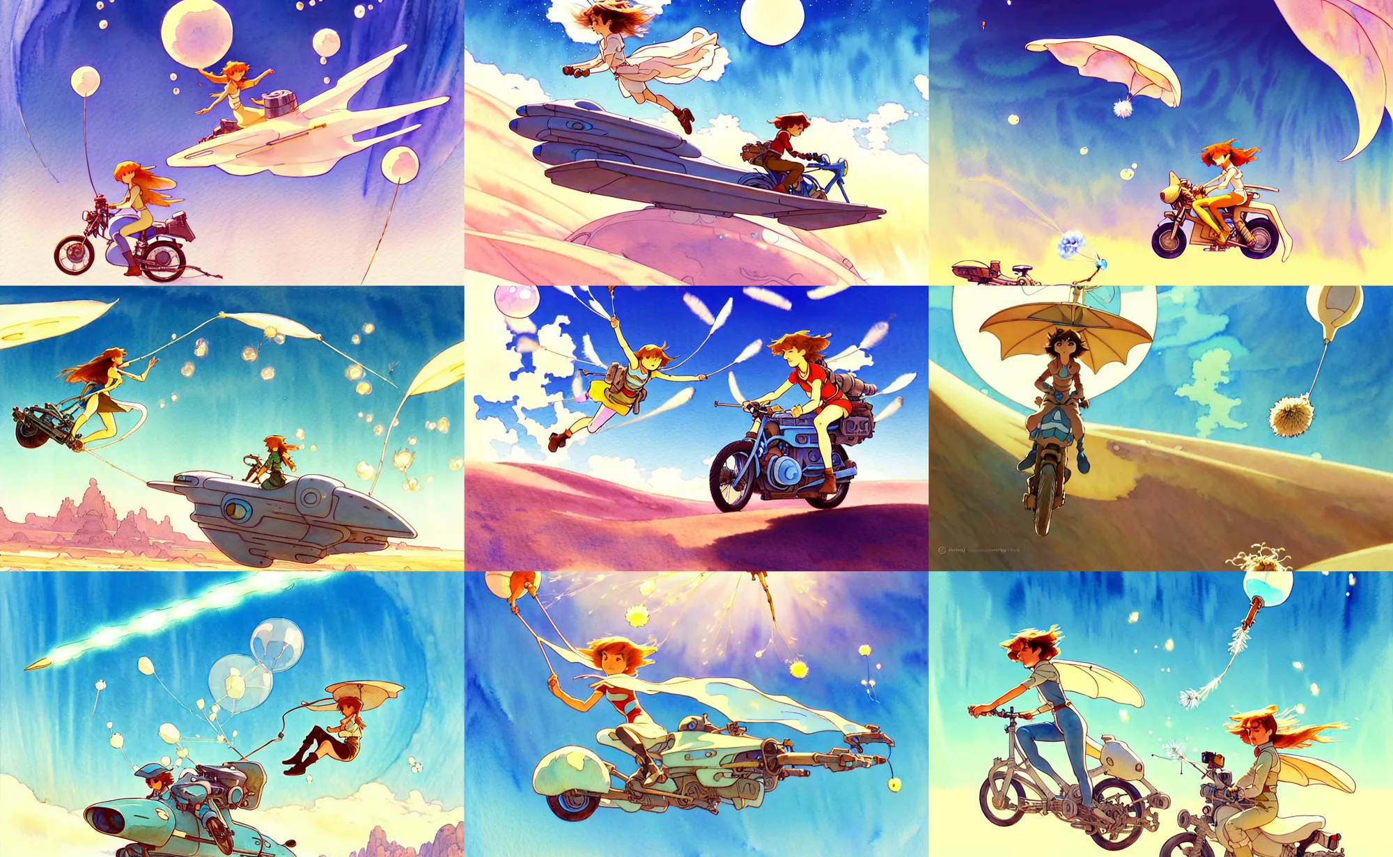 Prompt: a wholesome animation key shot of nausicaa riding a flying jetbike the desert by herself, studio ghibli, pixar and disney animation, sharp, disney concept art watercolor illustration by mandy jurgens and alphonse mucha and alena aenami, pastel color palette, blowing dandelion seeds float, bloom, dramatic lighting