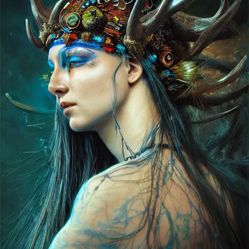 Image similar to A young female shaman, blue hair and antlers on her head. blindfolded, heilung, in the style of Heather Theurer, headshot photoshoot, insanely detailed and intricate, beautiful, elegant, cinematic toplight, portrait, headroom, artstation, made by karol bak, karol bak, karol bak