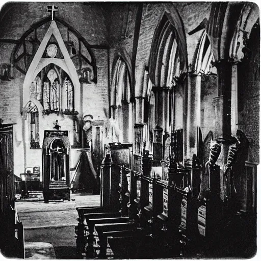 Image similar to photojournalism, old victorian photo, atmospheric, Victorian, Terminator machine skeleton people praying in church made of impossible geometry