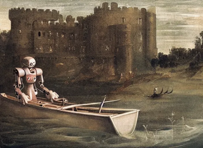 Prompt: a portrait of a robot sitting in a small boat fishing in a renaissance castle flooded with water,