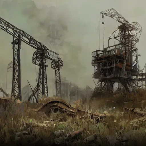 Image similar to post apocalyptic overgrown oil rig by victor moura james hayes jim kjexrud, trending on artstation, digital artwork, highly detailed, contest winner, environmental artwork, concept art