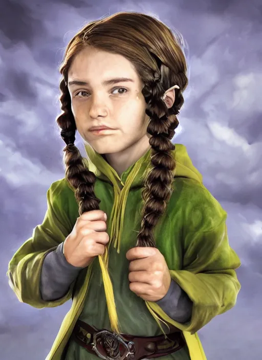 Image similar to An epic fantasy comic book style portrait painting of a young green-eyed feminine boy, fair skin, long brown hair worn in two pigtails, with his left pigtail being shorter than his right, he wears a yellow hoodie with a grey undershirt, unreal 5, DAZ, hyperrealistic, octane render, cosplay, RPG portrait, dynamic lighting, intricate detail, cinematic!!!