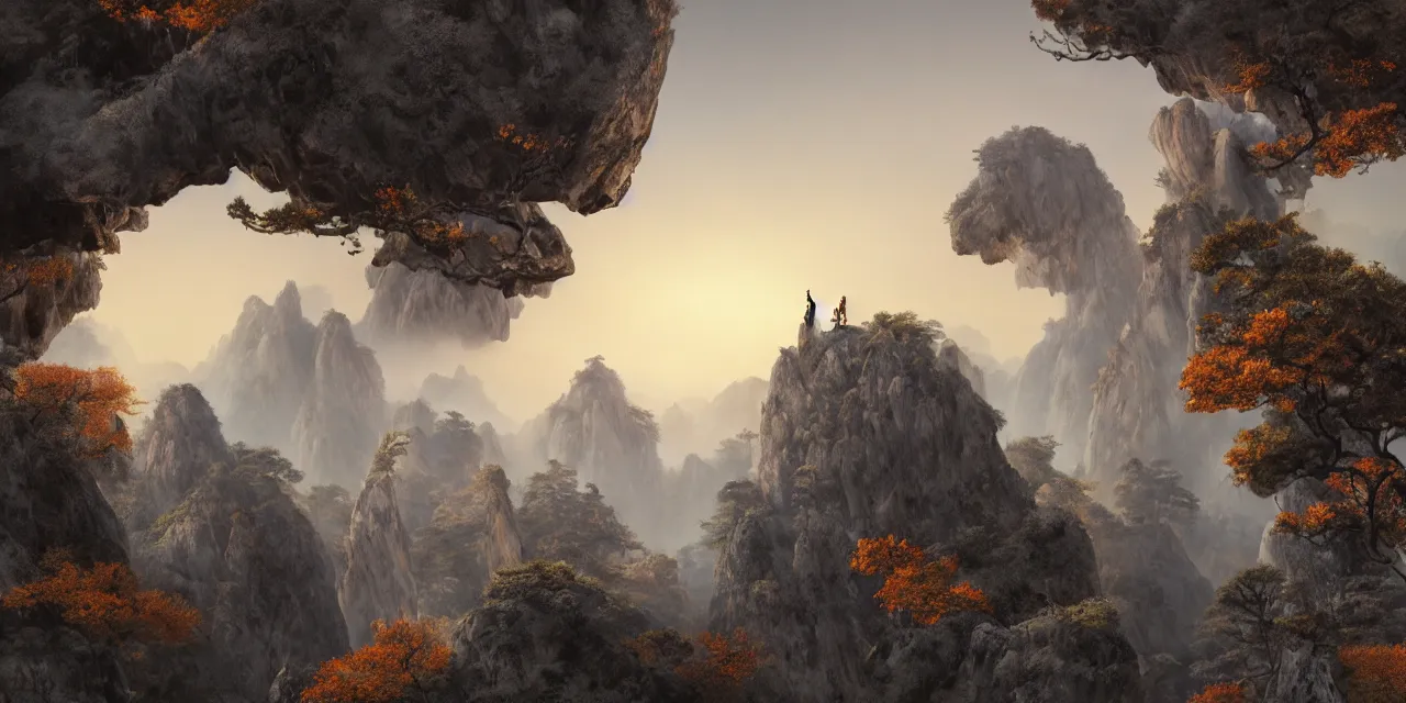 Prompt: huangshan with levitating stones in zero gravity, no trees, karst pillars forest, taoist temples and monks, human presence, artwork by ansel adams, odd nerdrum, hokusai, artstation, scifi, hd, wide angle, viewed from within a stone grotto, autumnal, sunset volumetric lighting