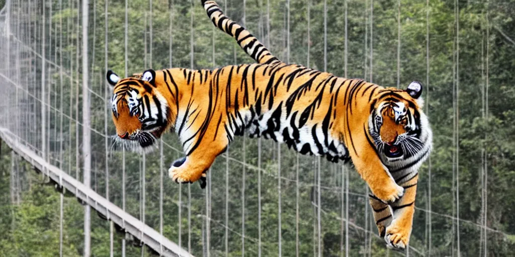 Image similar to a tiger running on a suspended bridge