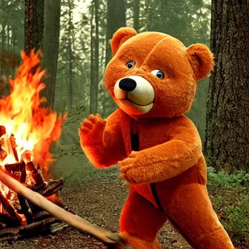 Image similar to candid photo of Teddy Ruxpin on fire in the woods, fighting valiantly against Smokey The Bear by Annie Leibowitz, photorealisitc, extremely detailed