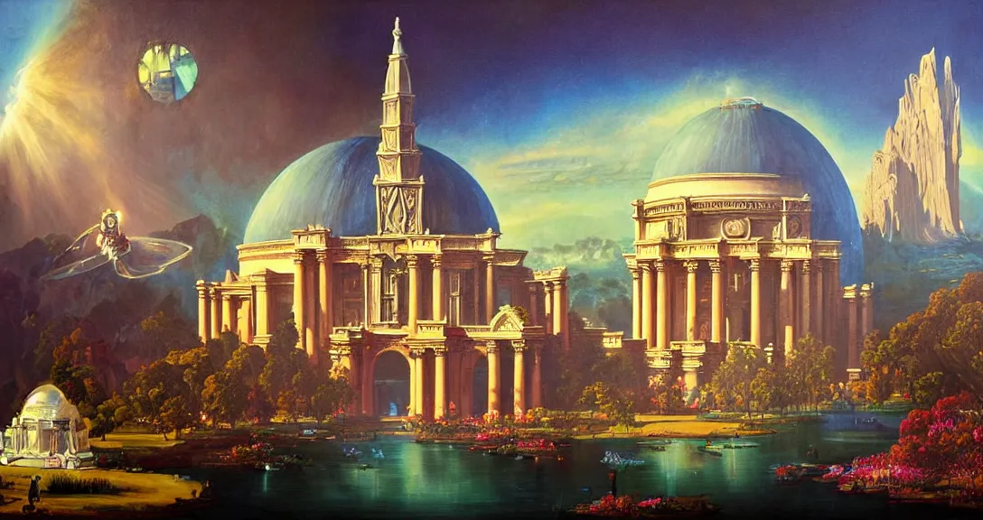 Image similar to the san francisco palace of fine arts during the intergalactic futuristic fair, romantic era sci - fi painting, futuristic