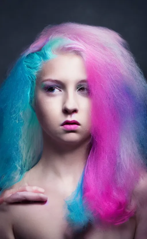 Image similar to a dramatic portrait photo of a beautiful young woman with cotton candy hair. with a little bit of cyan and pink