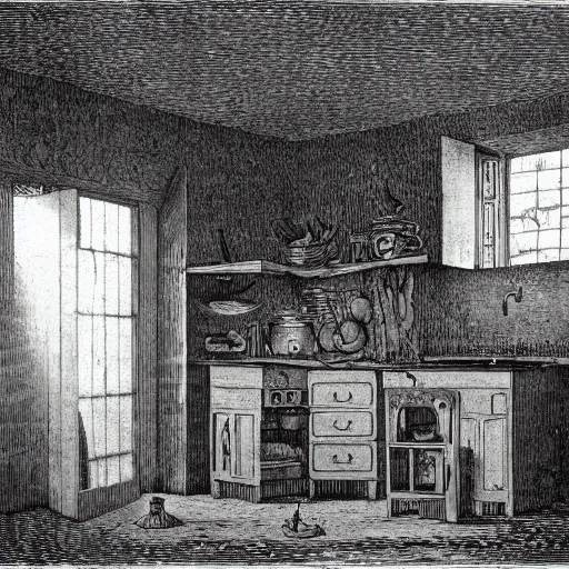 Image similar to kitchen of an abandonded house, illustration by Gustav Doré