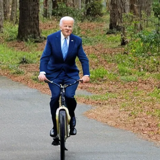 Image similar to joe biden wearing a tutu, riding a bike in the forest