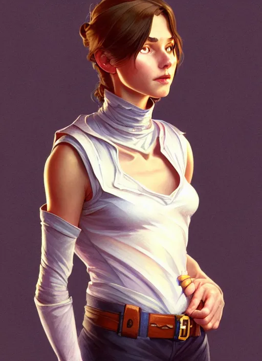 Image similar to portrait of a full body of beautiful young female detective, d & d, sleeveless turtleneck, fantasy, flat lighting, intricate, highly detailed, digital painting, artstation, concept art, smooth, sharp focus, illustration, art by simon bisley and greg rutkowski and alphonse mucha, natural tpose