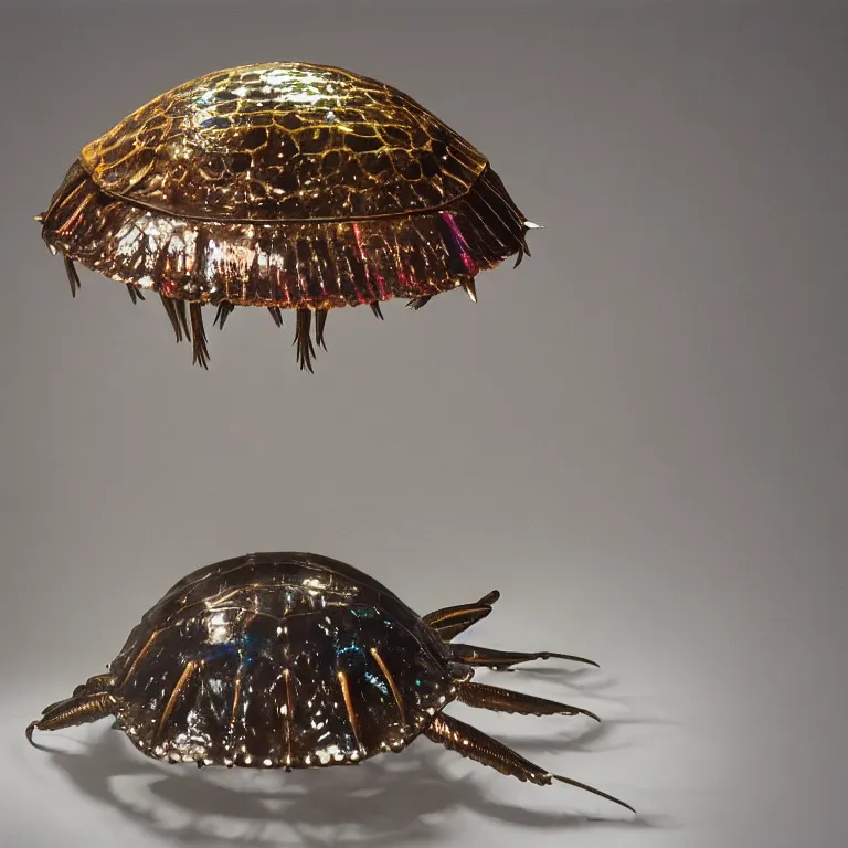 Prompt: hyperrealistic sculpture of an wrought iron horseshoe crab fossil encased in a solid cube of iridescent glass on a pedestal by ron mueck and duane hanson and damien hirst, hyperrealistic dramatic colored lighting trending on artstation 8 k