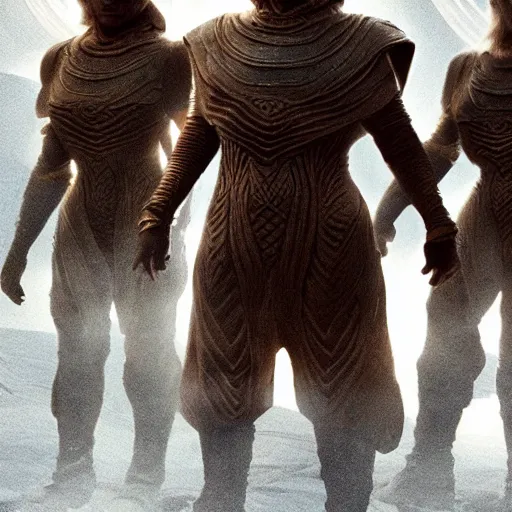 Image similar to the dwarves in futuristic costumes from the Dune movie by Denis Villeneuve, highly detailed photorealistic cinematic photoshot, high quality light postprocessing